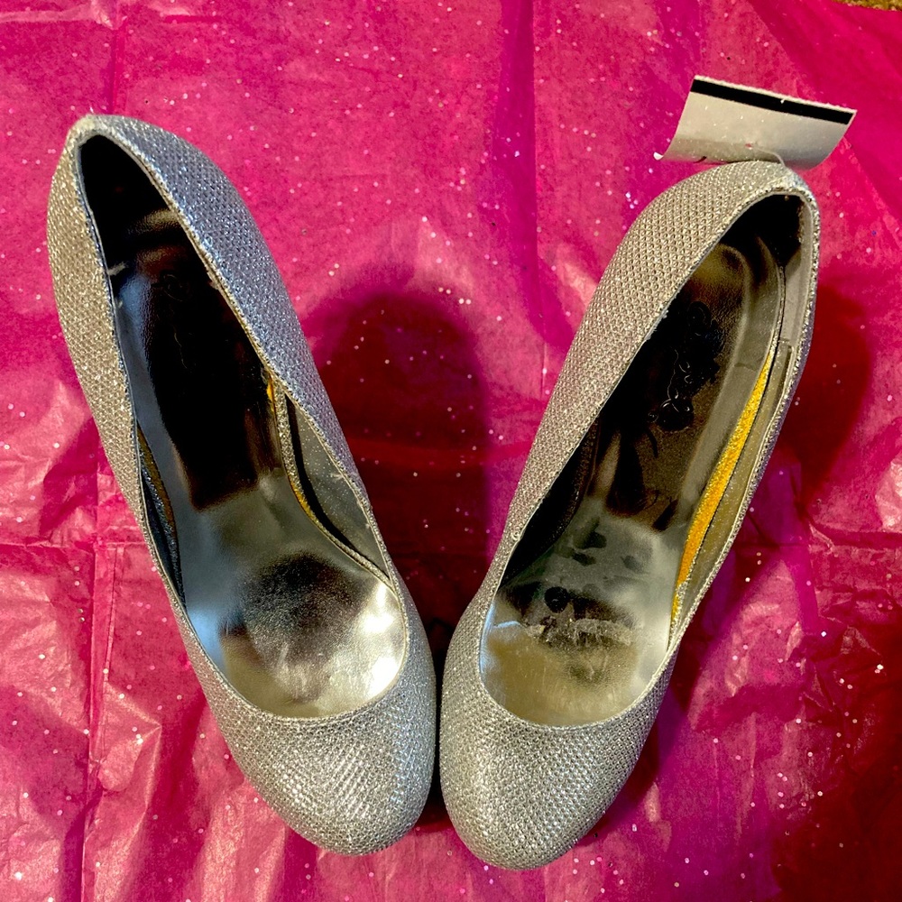 Glittery silver platform heels